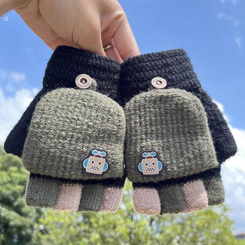 秋冬款儿童手套翻盖半指男女孩可爱保暖针织加厚学生写字防寒指套