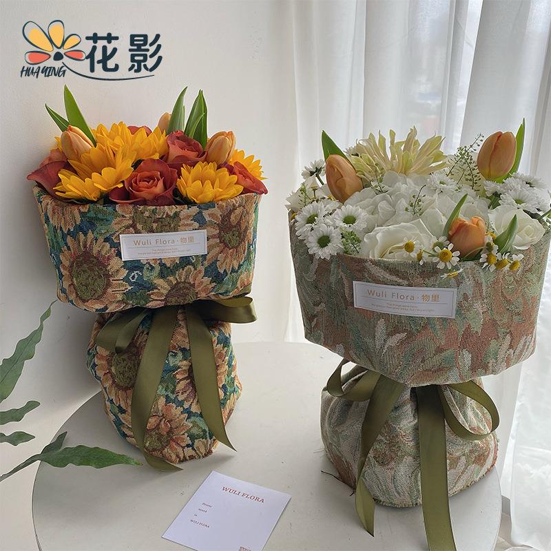 布艺复古油画布向日葵包装纸圆形花束diy布艺鲜花包装纸花店资材