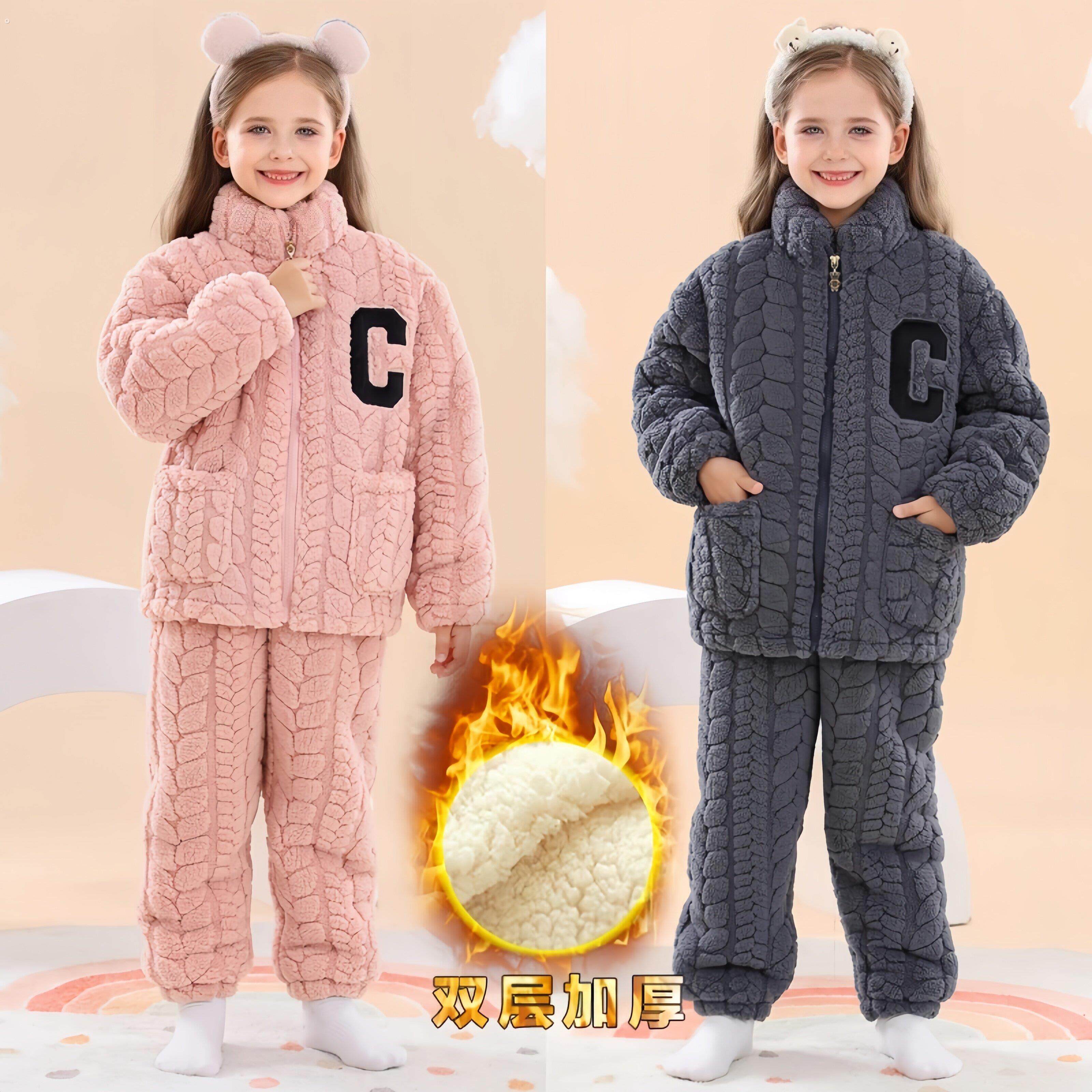 儿童亲子睡衣冬季加厚法兰绒保暖男女亲子家居服双层加绒套装外穿