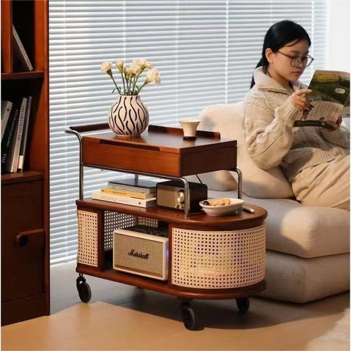 2026北欧实木茶几小户型简约小推车升降客厅家用沙发移动藤编圆形