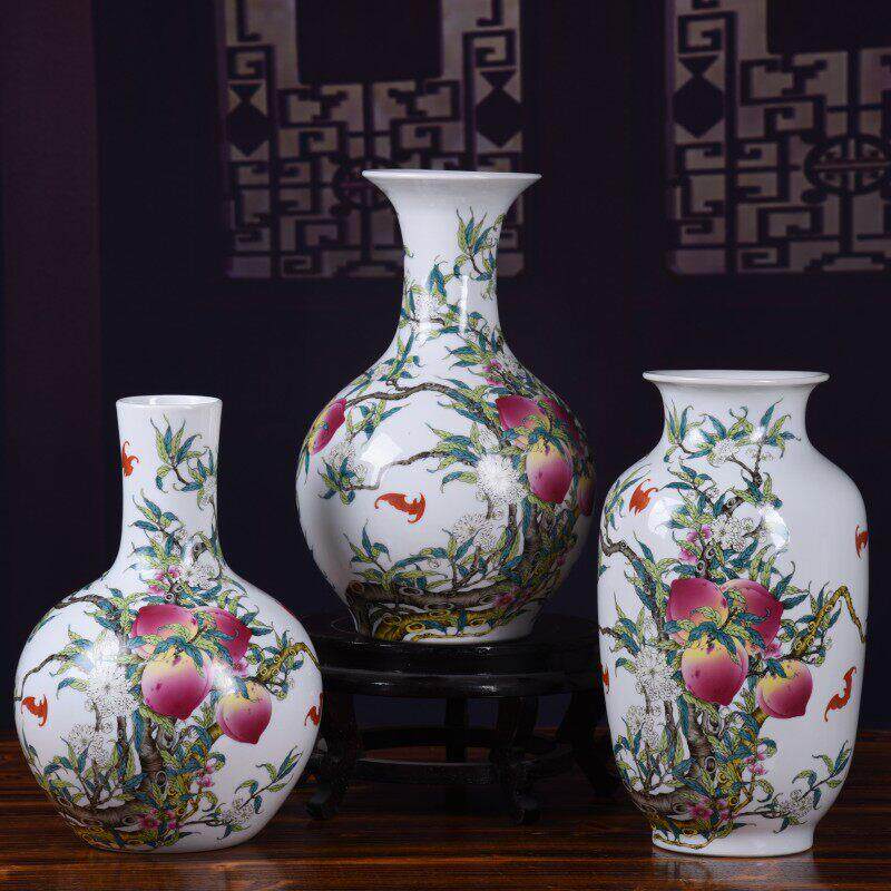 中国古董陶瓷景德镇粉彩长寿桃花花瓶家居客厅生日装饰品插花装饰