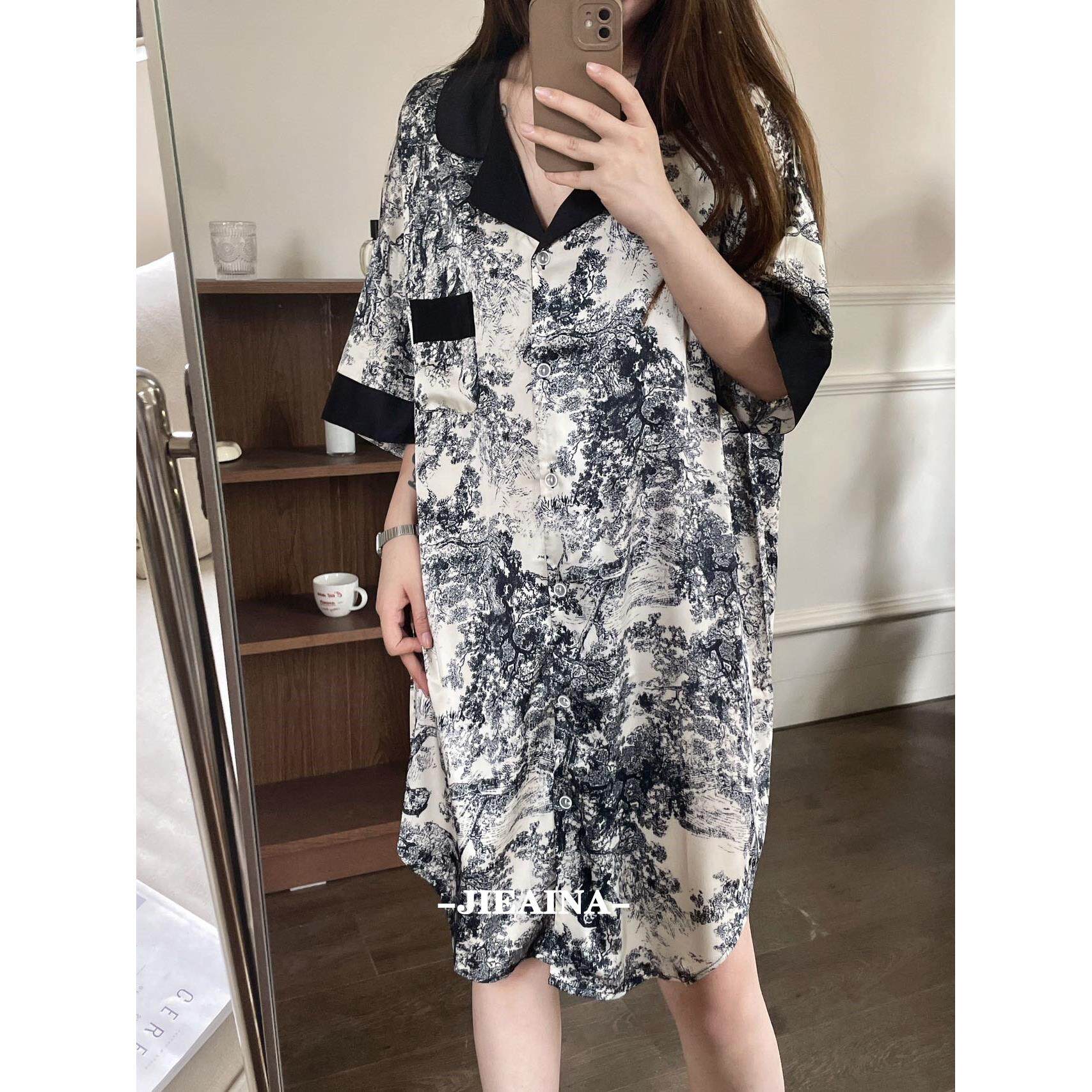 水墨画冰丝衬衫睡裙女夏天薄款宽松短袖丝绸中长版睡衣裙子可外穿