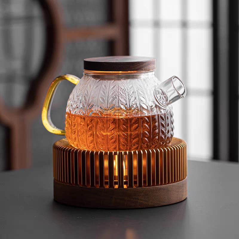 胡桃木温泡茶炉玻璃花茶壶套装蜡烛加热煮茶炉温茶器小火暖炉烤泡