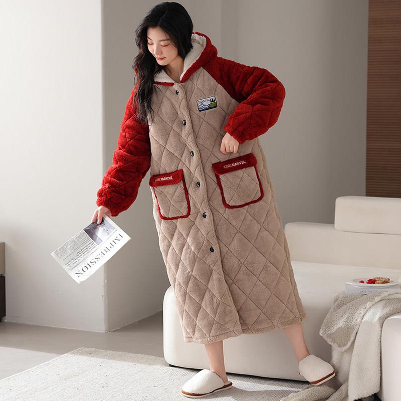 睡袍冬款女加绒加厚珊瑚绒睡衣超厚秋冬长版三层加棉保暖女生浴袍