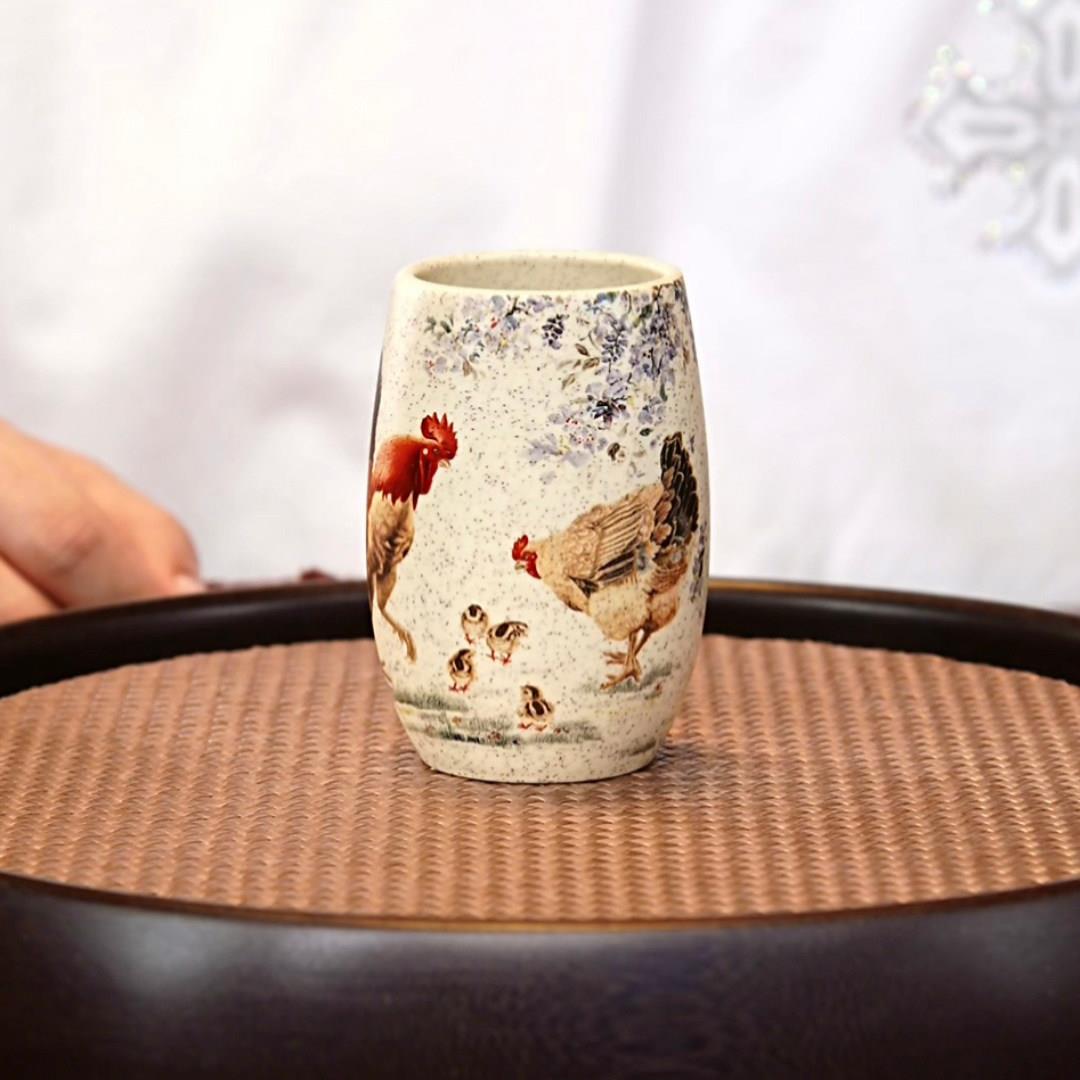 宜兴原矿紫砂功夫茶具朱永良手工贴绘大容量公鸡主人杯手工紫砂杯