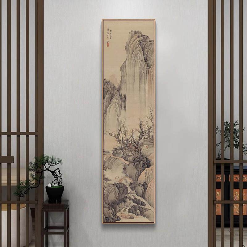 新中式玄关山水挂画中国古画真迹复制品壁画茶室书房装饰画框竖版