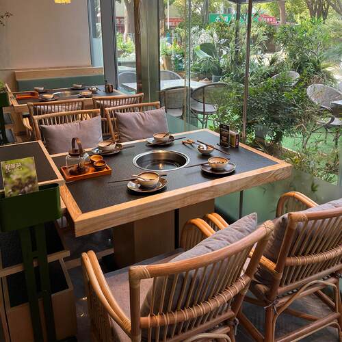 火锅店岩板下沉式电磁炉一体桌商用净化无烟火锅桌长方形餐桌椅子