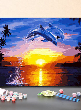 数字油画diy填充手工填色儿童动物治愈系海豚涂色装饰油彩画画