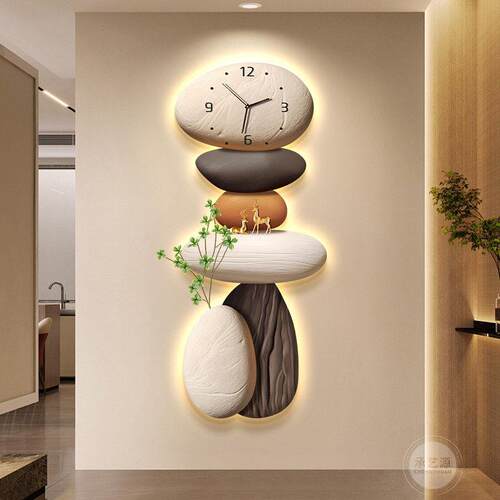 石来运转入户玄关装饰画带钟表发光灯画走廊尽头电视墙好寓意挂画