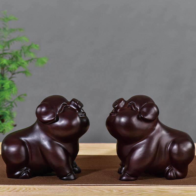黑檀实木雕刻十二生肖猪摆件木头根雕车内家居装饰工艺礼品红木