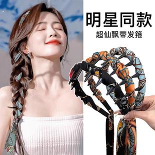 复古缎面发箍飘带一体发带丝巾绑发女夏季压发高颅顶头箍港风头饰