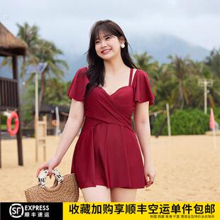 一字肩泳衣女大尺码 托聚拢连身高级感 胖mm200斤显瘦遮肚保守钢托