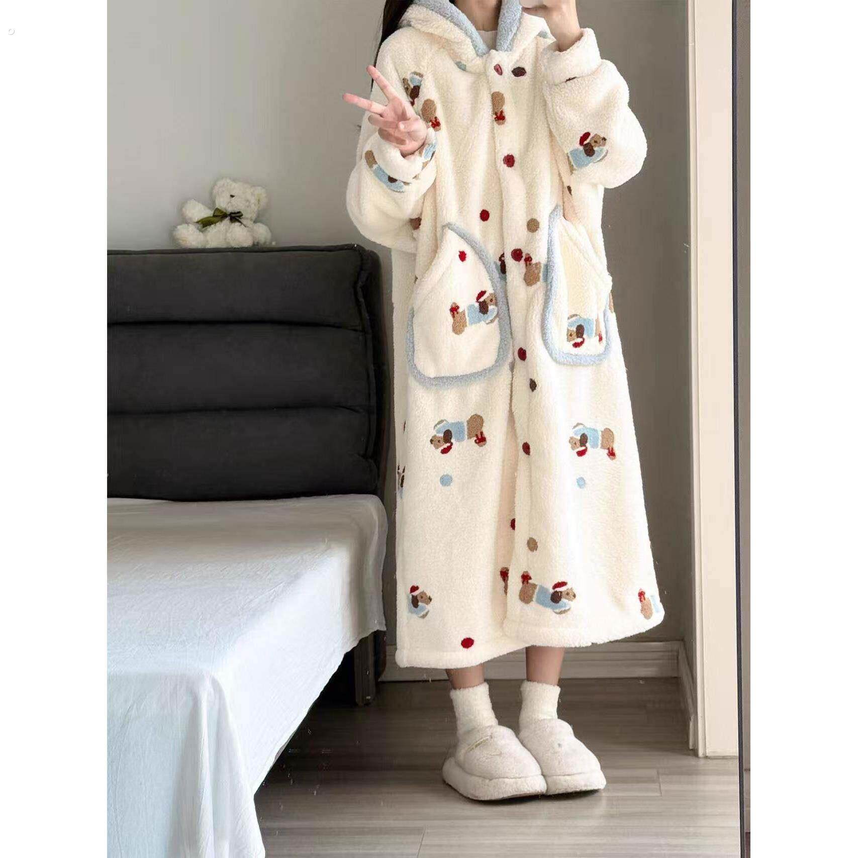 网红可爱腊肠狗连帽珊瑚绒睡袍2025年新款女款秋冬季可外穿家居服
