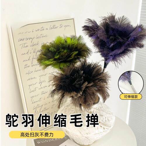 鸵鸟伸缩毛掸家用除尘不掉毛墙角扫灰掸子加长手柄高颜值除尘掸