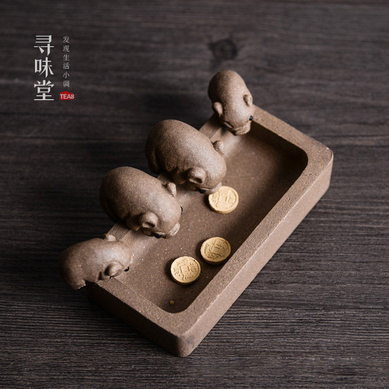 宜兴紫砂小猪喝水手工小猪槽茶宠丰衣足食趣味茶玩四只小猪摆件