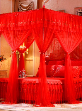 大红色结婚蚊帐床幔纱幔加密三开门落地不锈钢婚庆双人1.8m纹帐