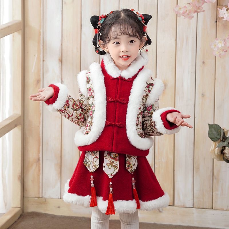 拜年服女童冬季汉服宝宝旗袍唐装中国风加绒加厚周岁礼服儿童套装