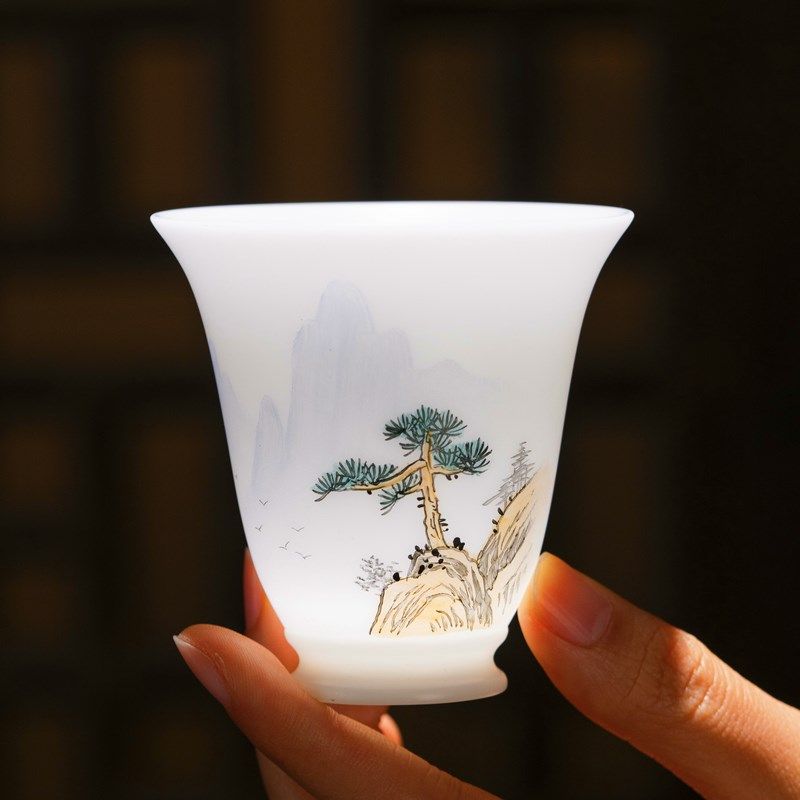 大师手绘冰种羊脂玉瓷主人杯陶瓷中式高档茶杯单杯山水品茗杯礼盒,餐饮具,茶杯,淘宝优惠券,粉丝福利购,淘宝优惠卷