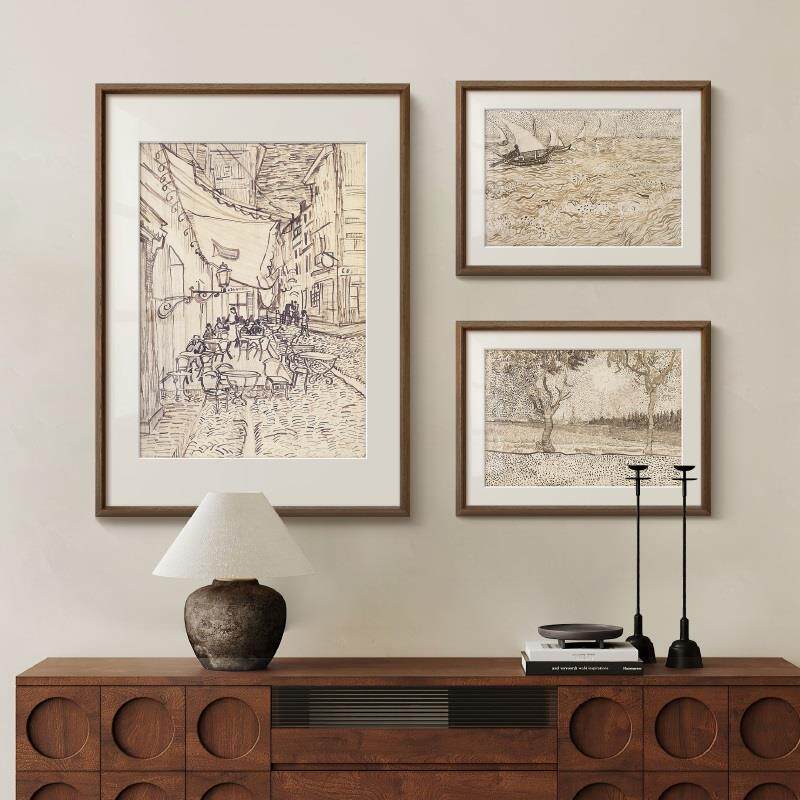 梵高素描风景画组合画法式复古艺术客厅装饰画中古风玄关斗柜挂画