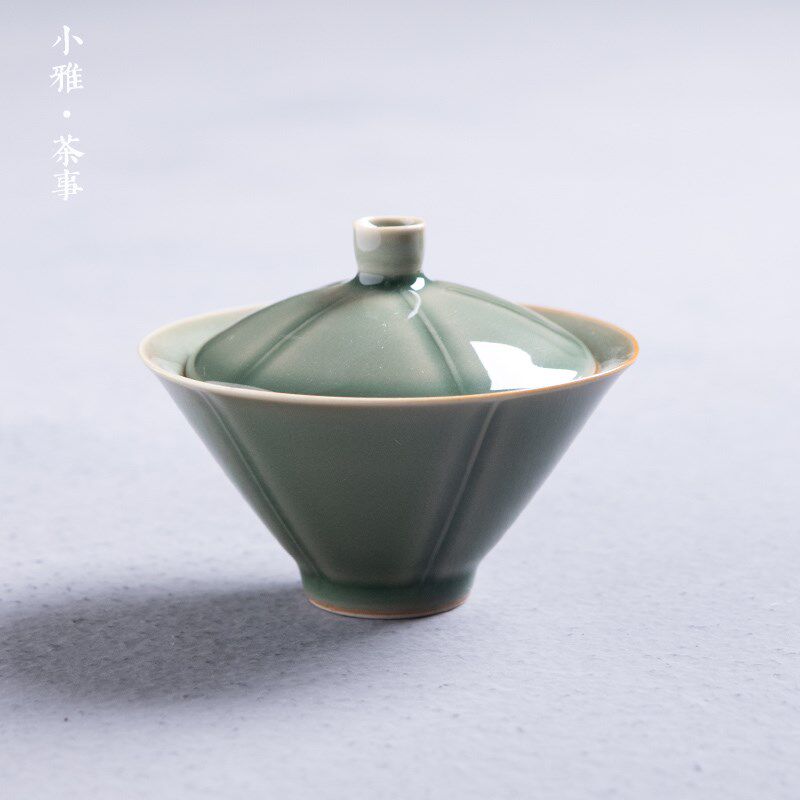 小雅 越窑青瓷斗笠盖碗复古陶瓷创意泡茶碗梅子青中式家用盖碗