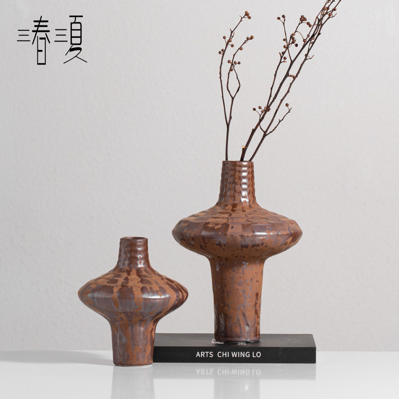 侘寂风复古做旧铁锈陶瓷花瓶中式焦糖色民宿陈列装饰品摆件样板间,家居饰品,装饰摆件,淘宝优惠券,粉丝福利购,淘宝优惠卷