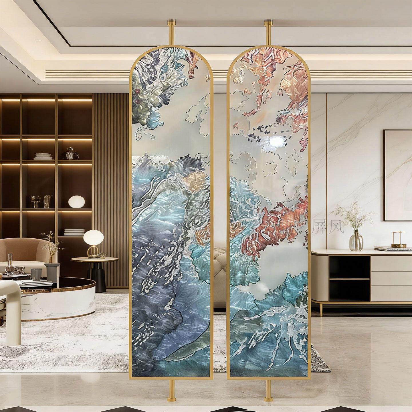 简约屏风现代艺术玻璃隔断客厅酒店珐琅彩不锈钢钢化旋转透光钢化