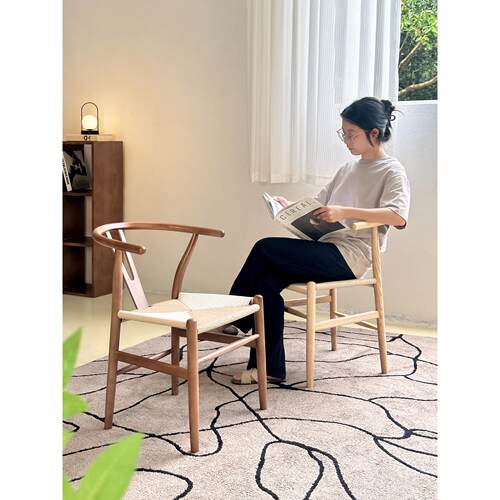 意式极简餐椅实木叉骨椅书桌椅y椅设计师家用白蜡木扶手椅编绳椅