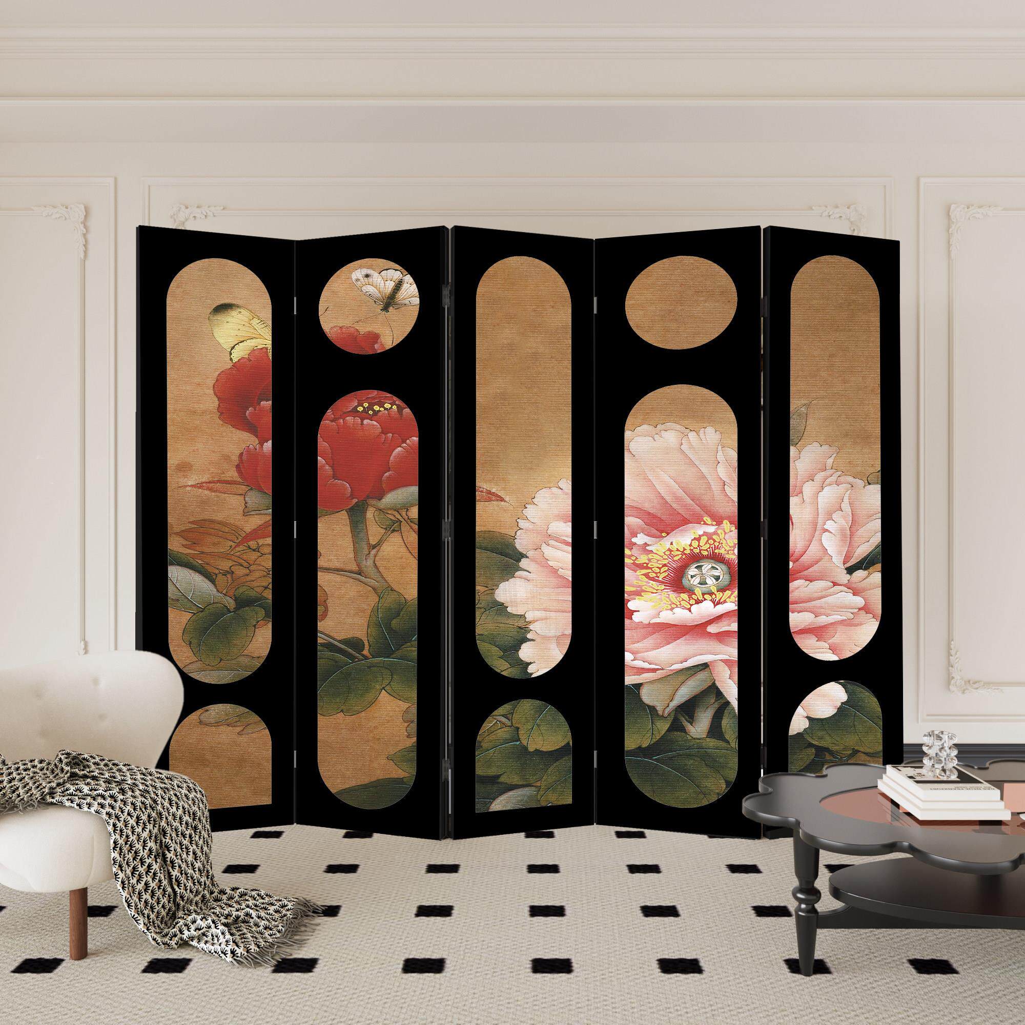 新中式花卉屏风隔断客厅玄关可移动折叠木质折屏办公室装饰