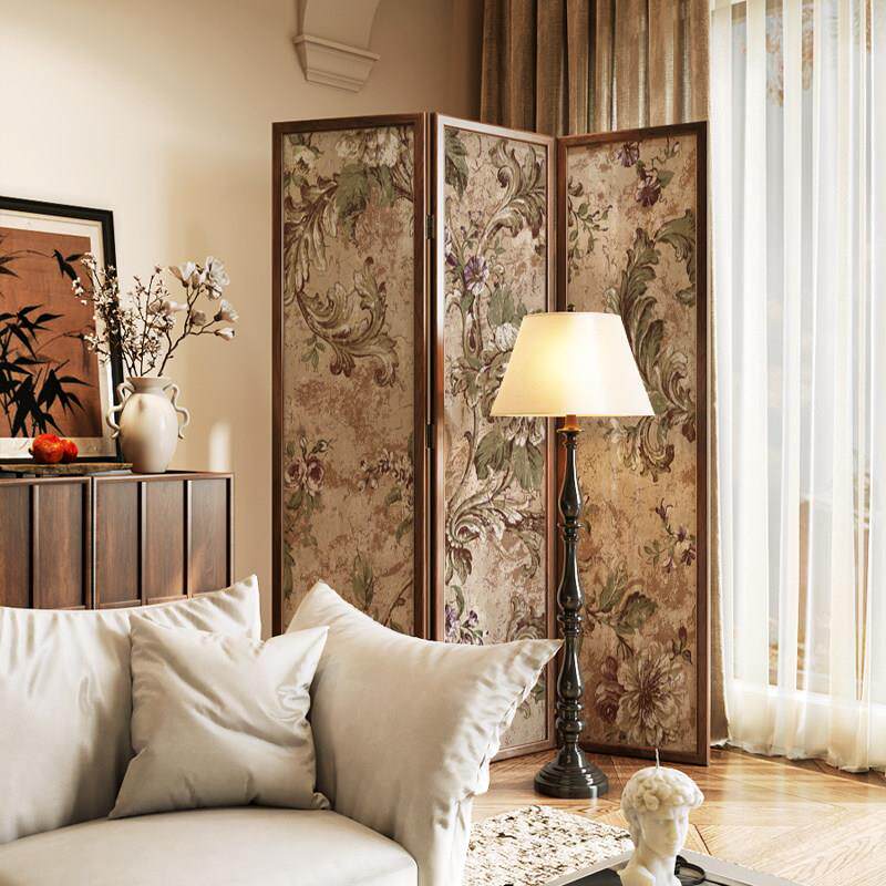 法式中古风木质折屏花卉图案三扇屏风隔断客厅卧室玄关装饰可移动