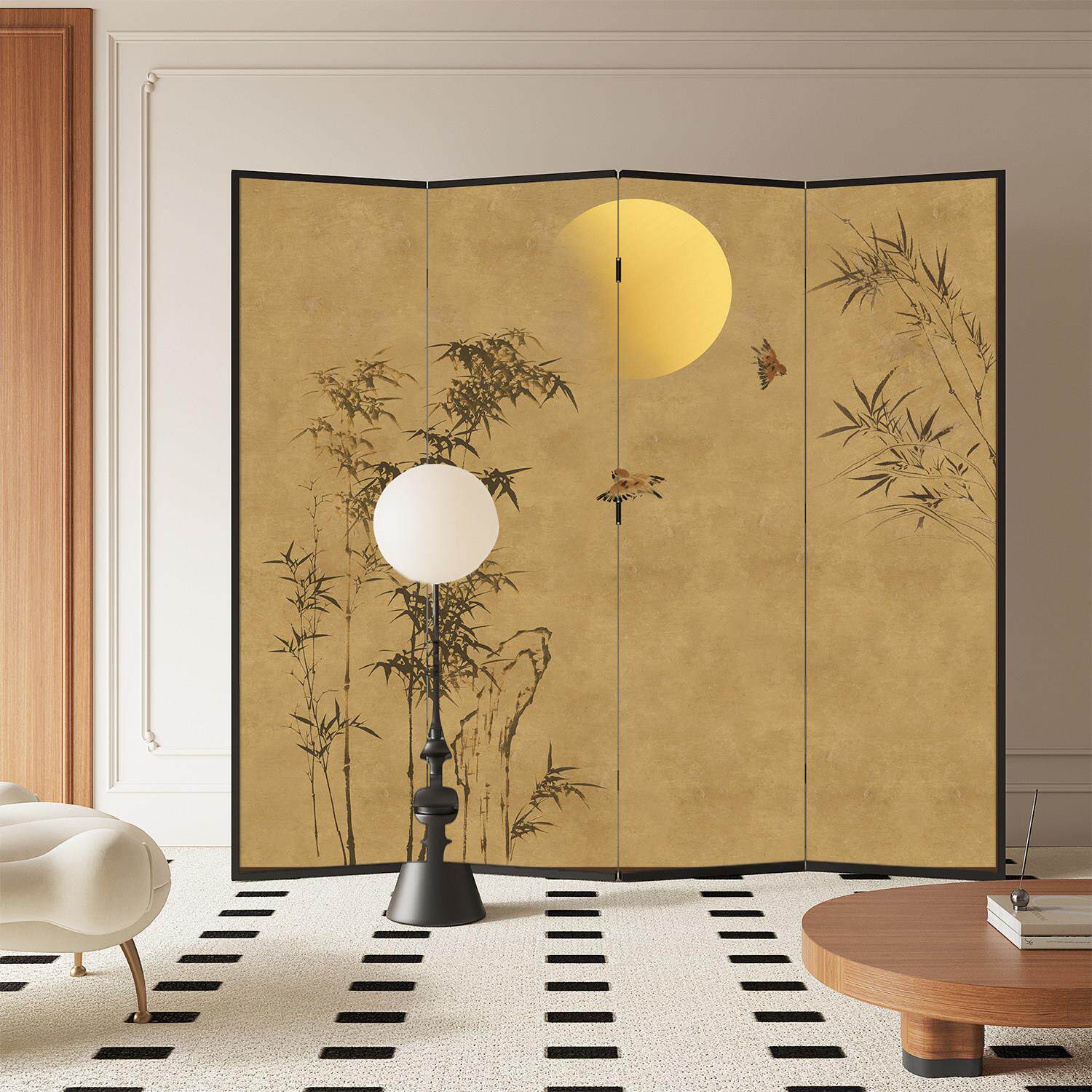 屏风隔断新中式屏风折叠客厅玄关竹子月亮画木质工艺装饰折屏定制