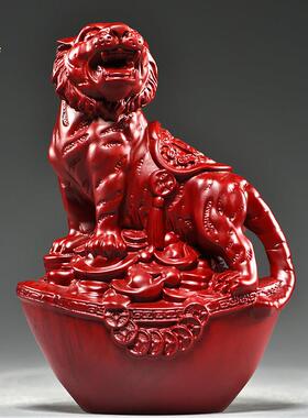 红色木头老虎摆件实木质雕刻十二生肖木制上山虎吉祥物装饰工艺品