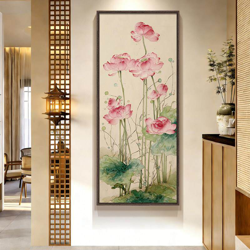 宋代美学入户进门玄关装饰画新中式走廊过道正对墙挂画荷花卉壁画