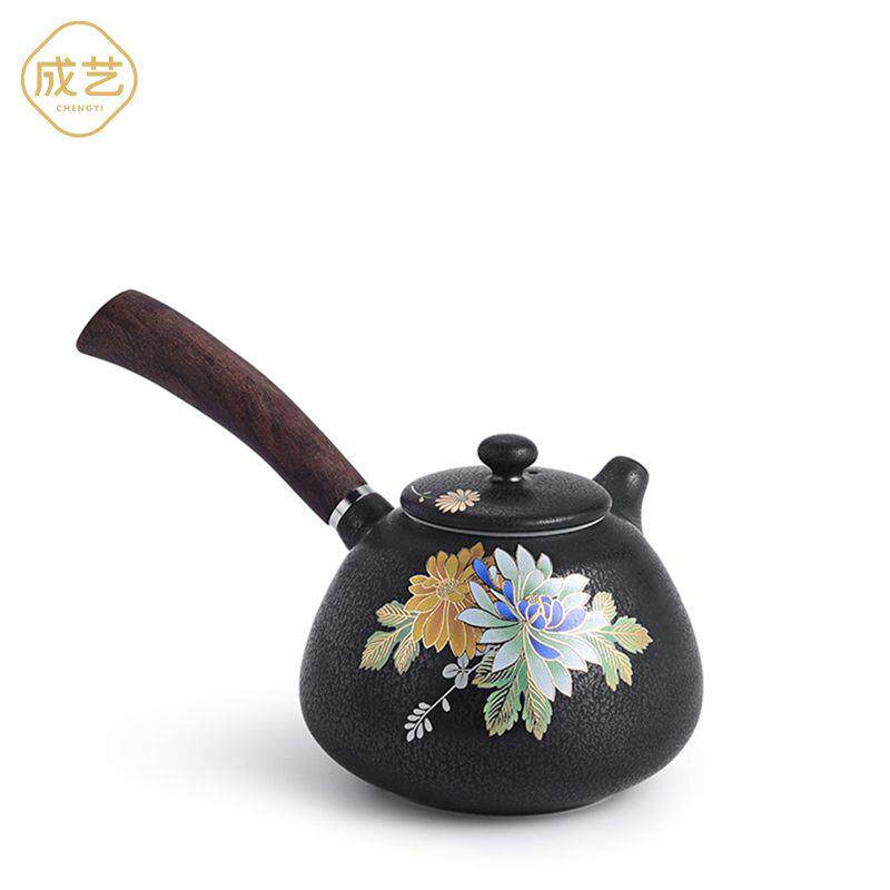 陶瓷铁锈釉茶壶中式立体手工扒花过滤功夫茶具木柄侧把壶单壶复古
