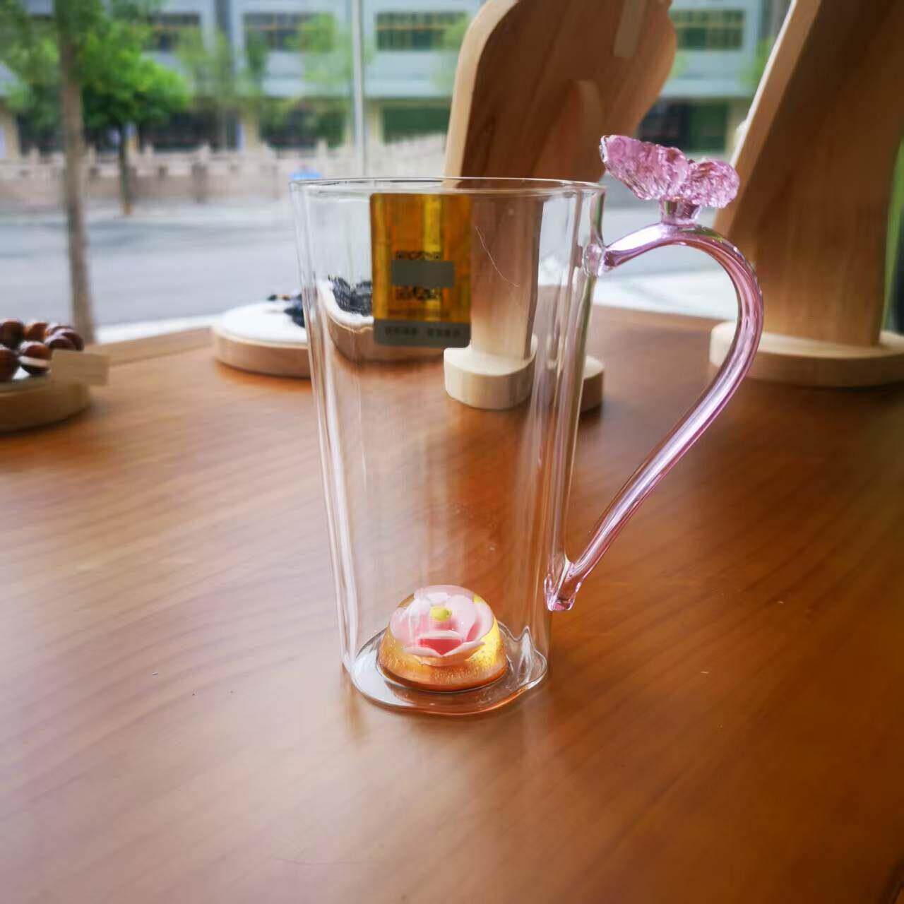 女士专用带蝴蝶把手高档茶杯玻璃杯绿茶杯