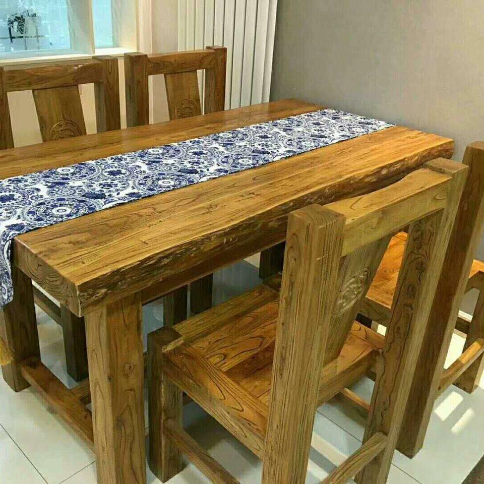 老榆木家用桌老式纯实木餐桌小户型家用茶桌饭店专用实木组合餐椅
