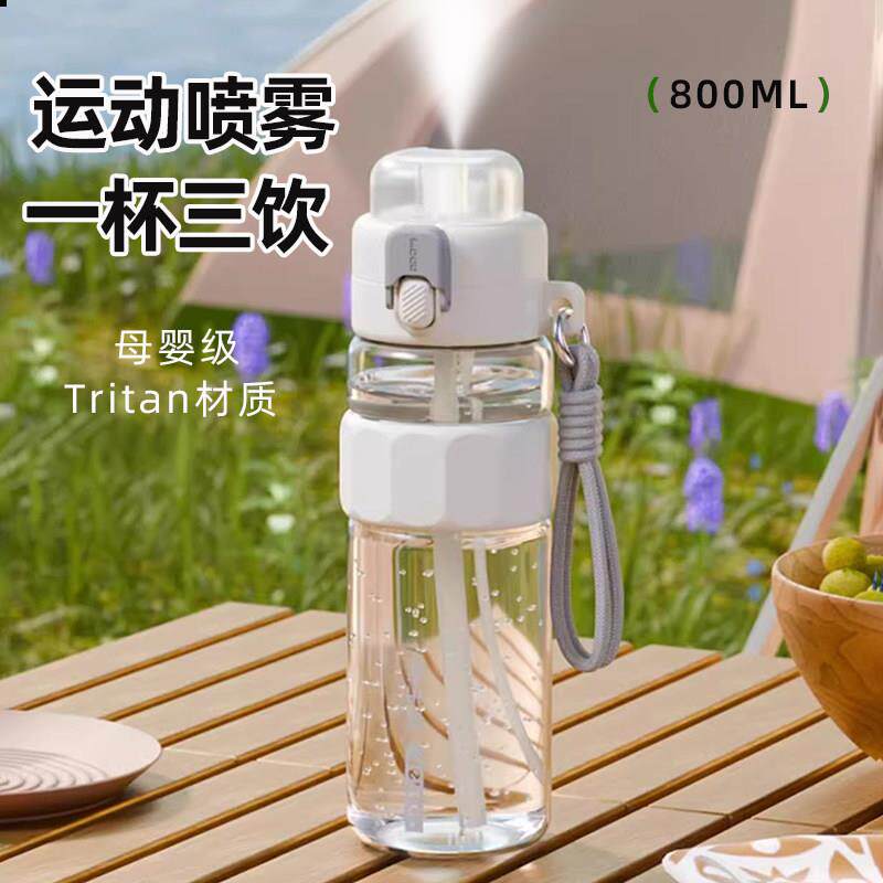 物生物运动喷雾水杯夏日学生上学补水塑料吸管杯子儿童水壶大容量