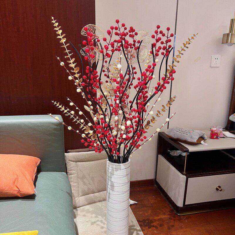 假花彷真花摆设发财果客厅红浆果落地式插花欧式款高装饰花艺摆件