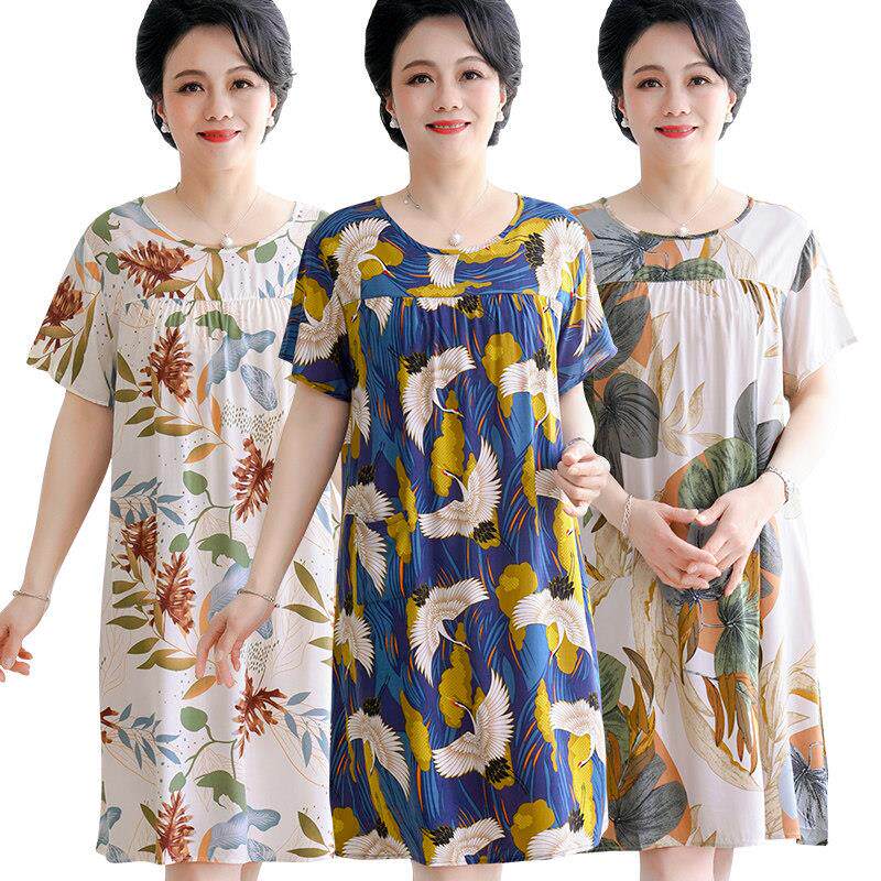 妈妈棉绸睡裙中老年人夏季薄款短袖人造棉家居服绵绸睡衣连衣裙子