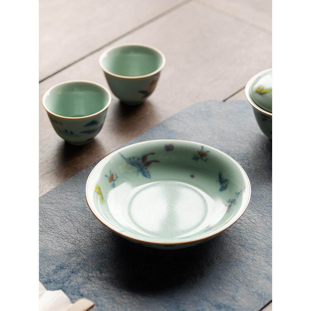汝窑开式天青茶盘釉中彩圆壶盘汝瓷青瓷小干泡桌瓷壶架