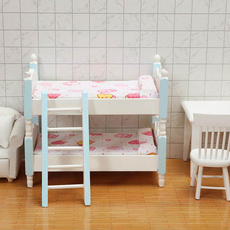 1:12娃娃屋迷你家具卧室儿童双层床 微缩模型过家家卡通创意摆件