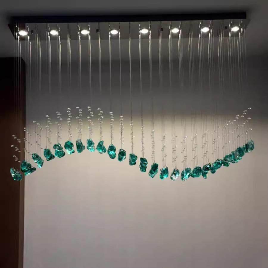 餐厅吧台岛台水晶吊线石头灯酒店前台波浪形会所收银台隔断鱼线灯