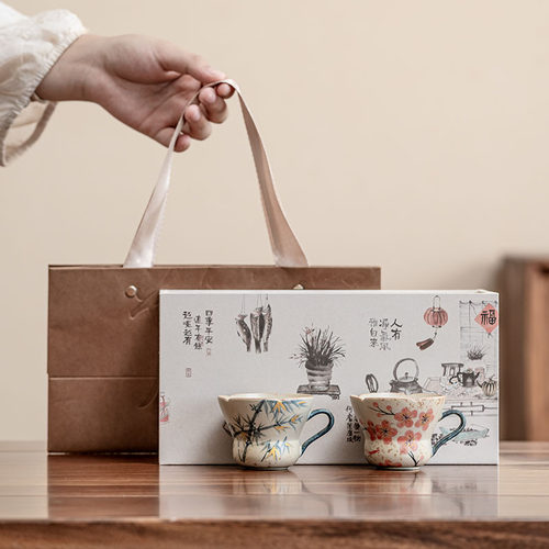 焦糖陶泥戏梅手绘花口把杯对杯家用喝茶杯耳杯送朋友礼装釉中竹影