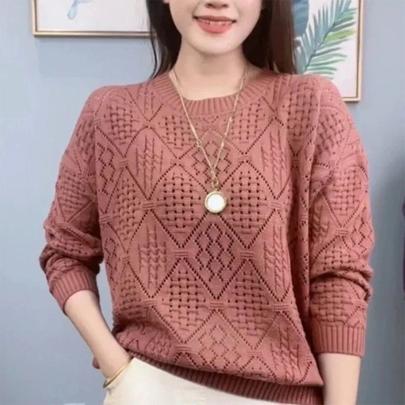 法式镂空针织毛衣女春装新款时尚洋气宽松显瘦百搭纯色长袖上衣潮