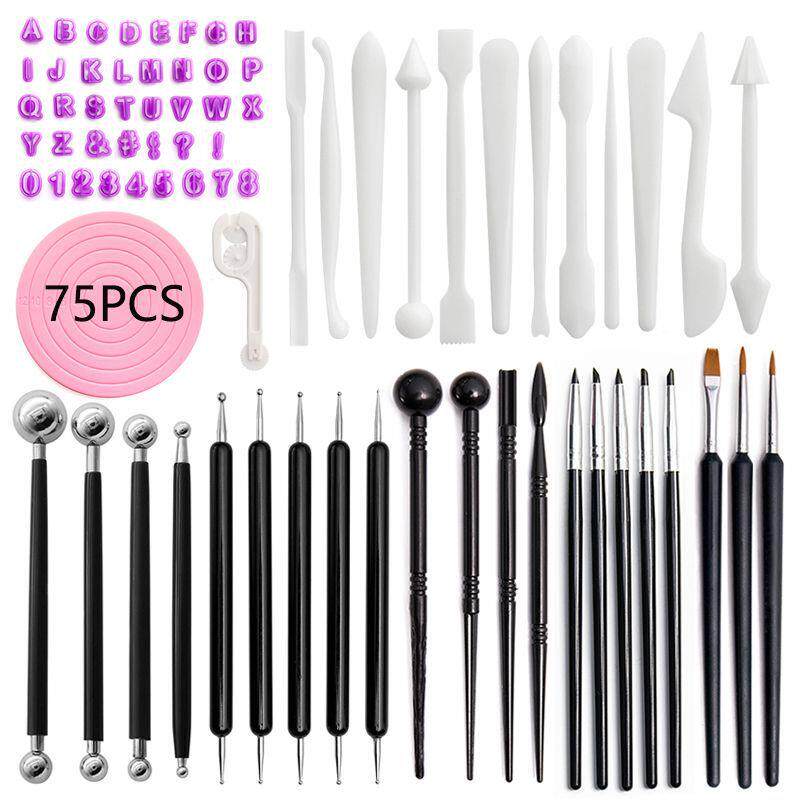跨境陶艺工具 75件套装粘土石塑点钻笔 数字模具陶泥雕刻刀转台