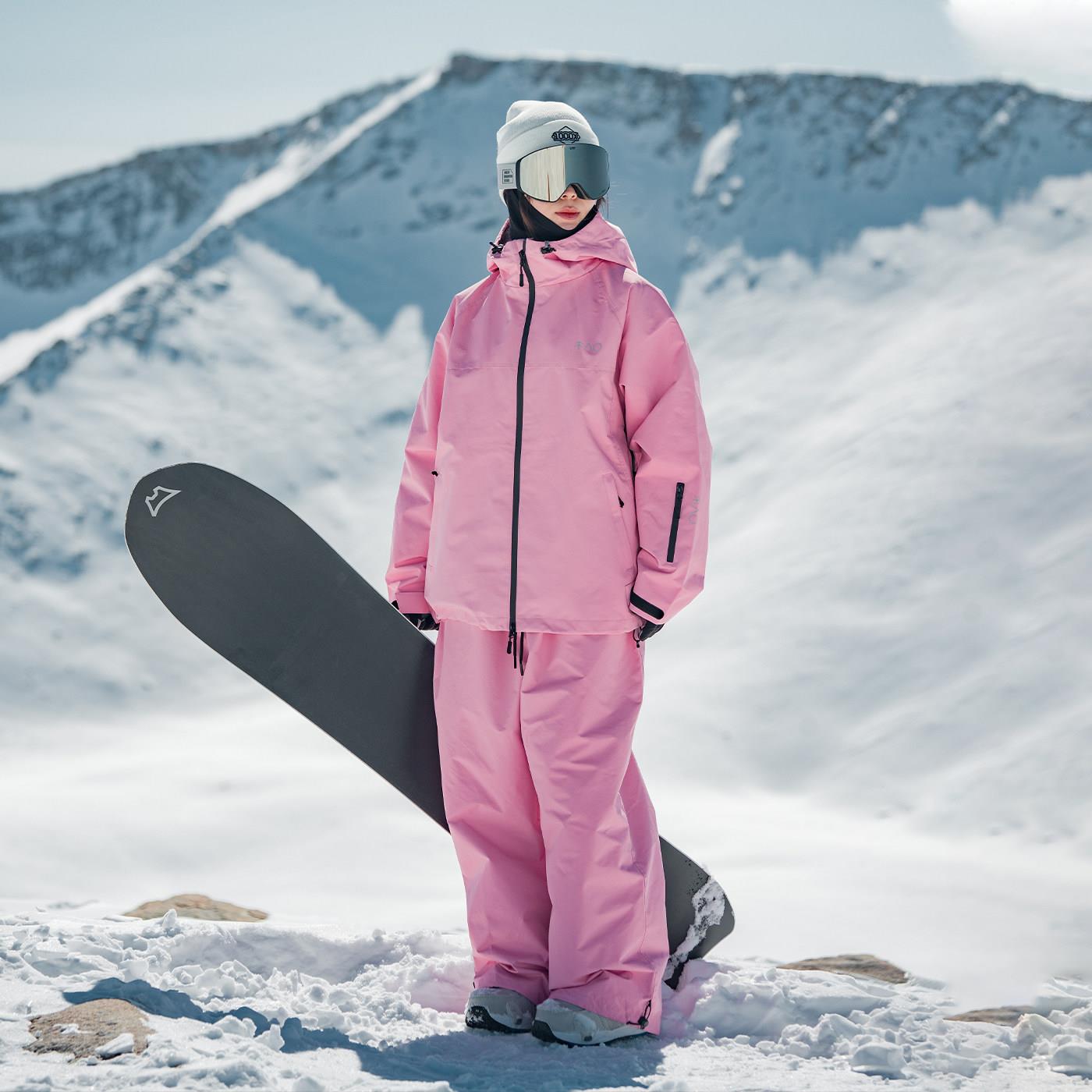 雪否 加绒粉色防水防风滑雪套装两件式潮款oversize雪服单板滑雪