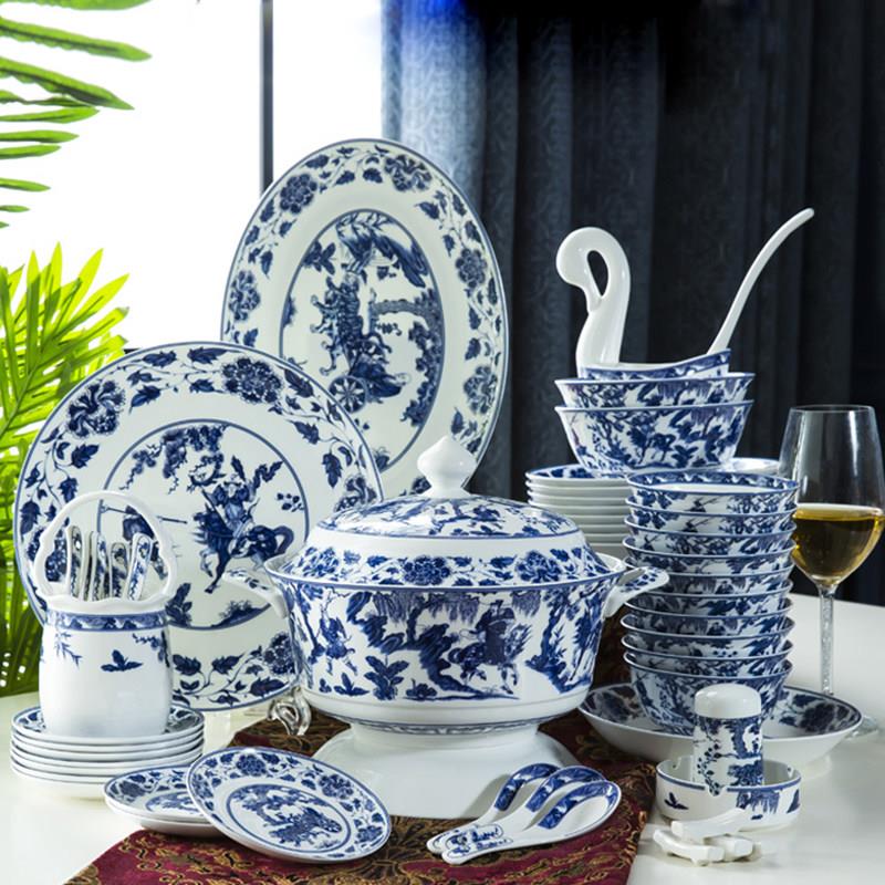 青花瓷碗碟套装家用中国风中式釉中彩陶瓷骨瓷景德镇餐具组合覆古