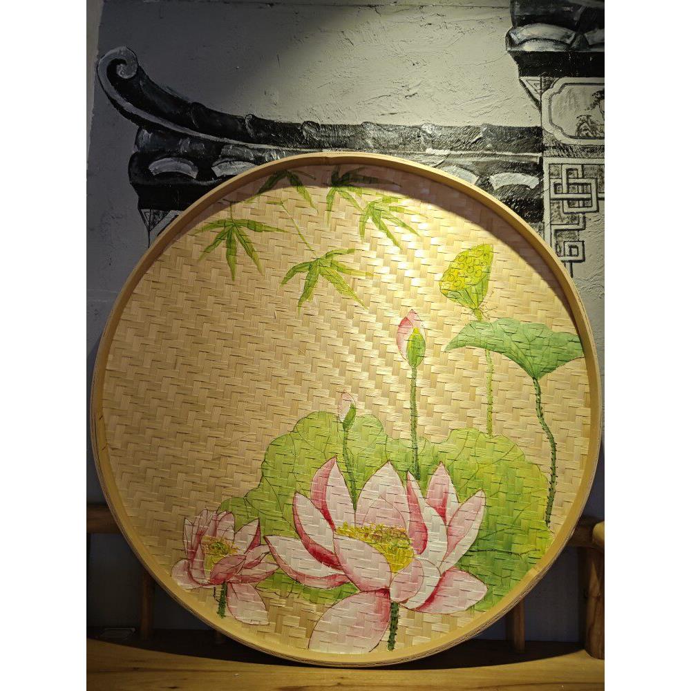 可定制手工竹簸箕手绘餐厅农家乐墙面装饰挂画荷花画册