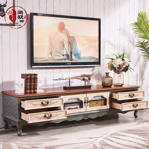 美式乡村复古电视柜田园风地柜彩绘家具套装客厅电视机柜茶几组合