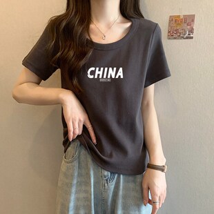 学生潮宽松显瘦黑色体桖上衣打底衫 夏季 t恤女2024年新款 纯棉短袖