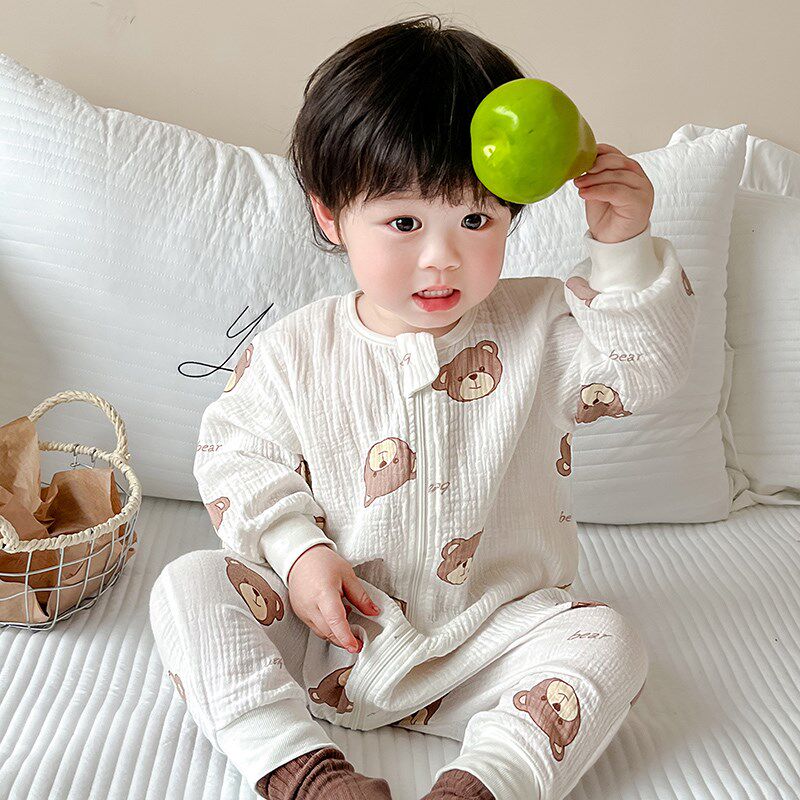 儿童睡衣连体春夏款男女宝宝长袖空调服A类婴儿纯棉纱布睡袋薄款